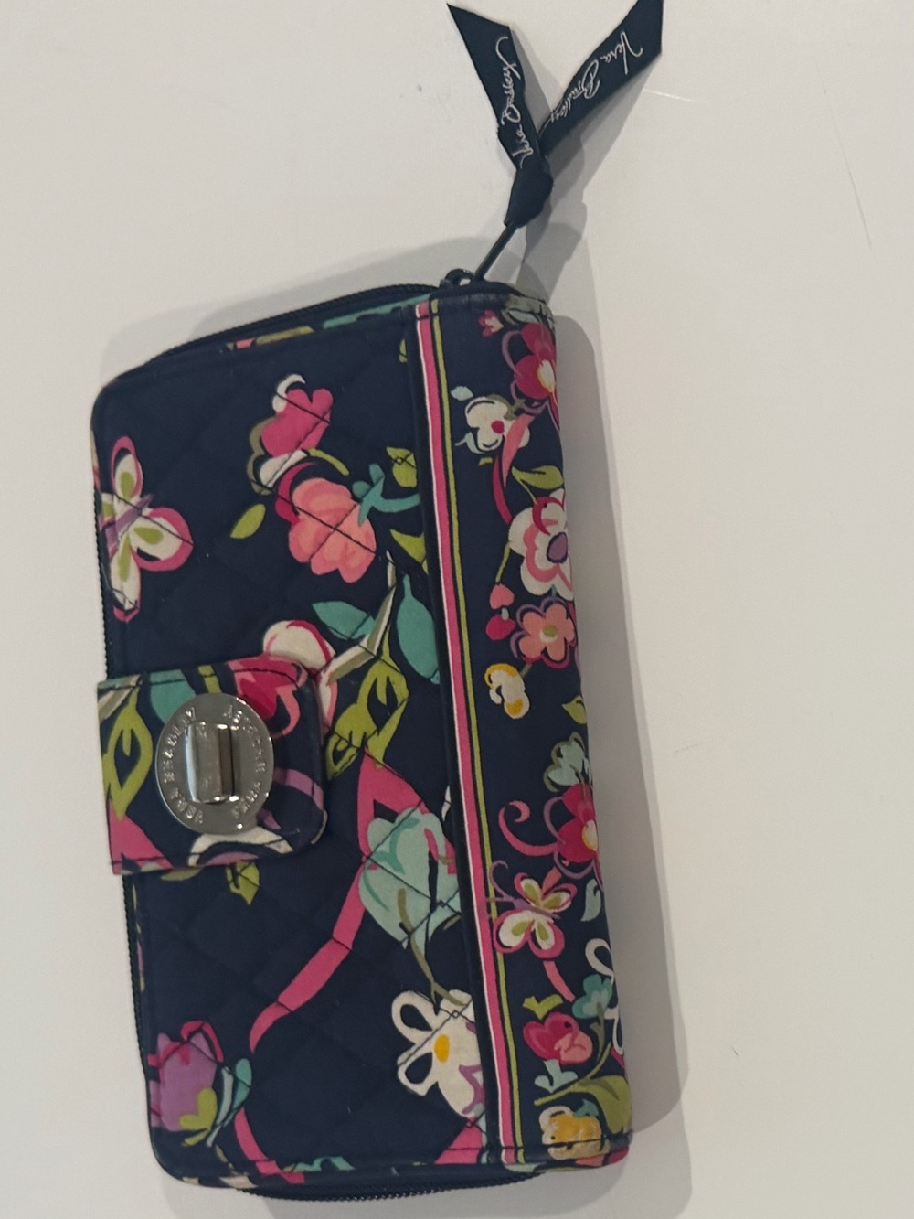 Vera Bradley Navy Quilted Floral Zip-Around Wallet with Multicolor Accents
